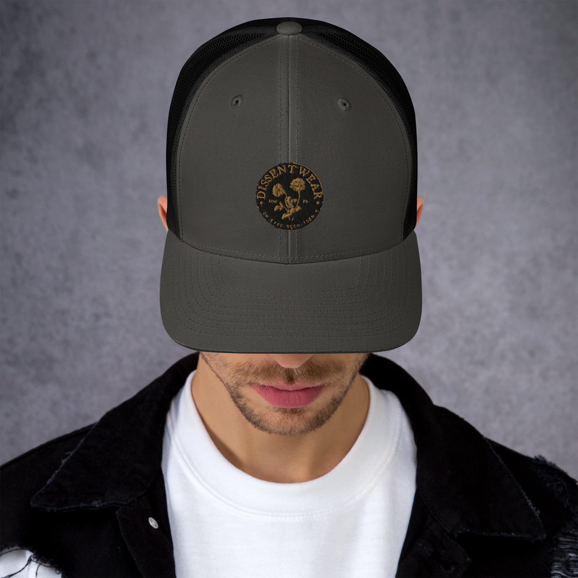 Black and Gold Embroidered Flower Logo Trucker Cap