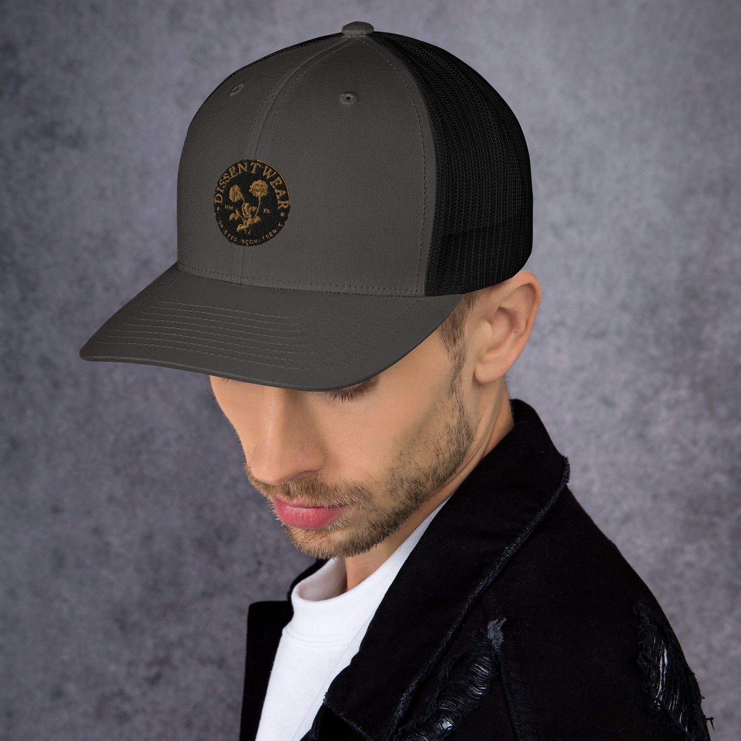 Black and Gold Embroidered Flower Logo Trucker Cap