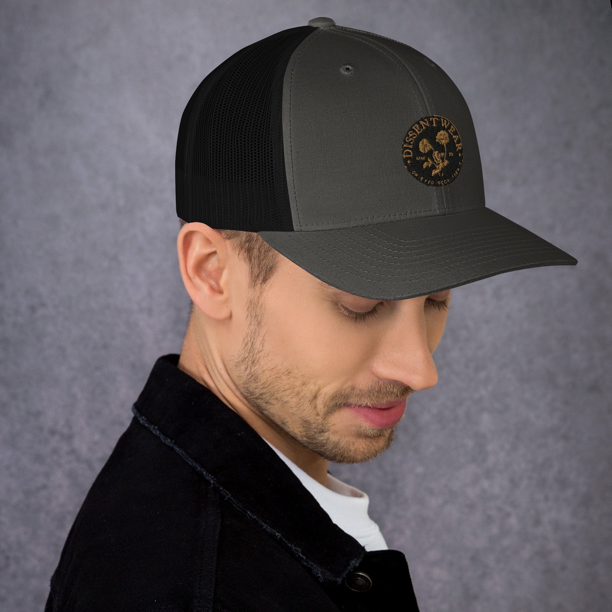 Black and Gold Embroidered Flower Logo Trucker Cap