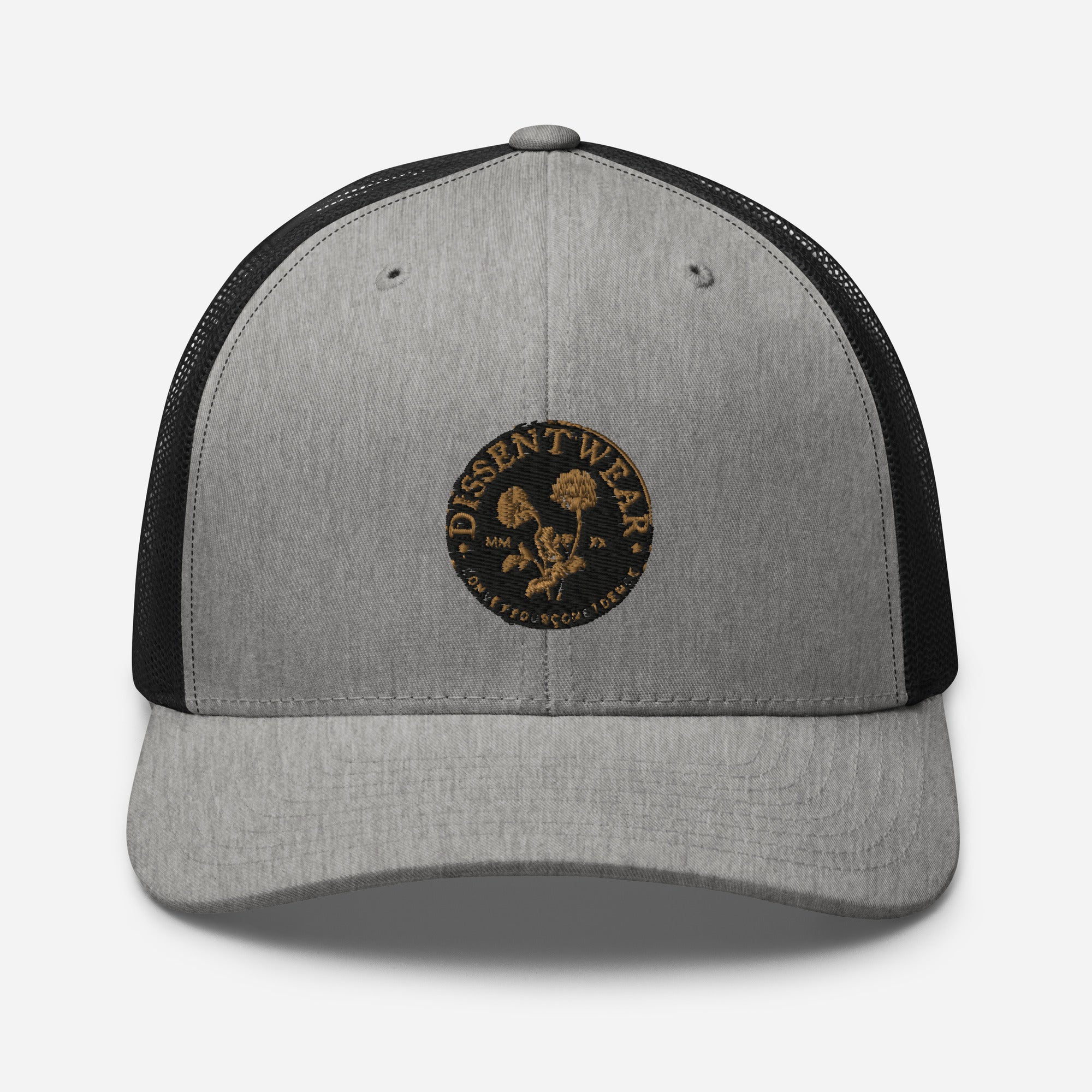 Black and Gold Embroidered Flower Logo Trucker Cap