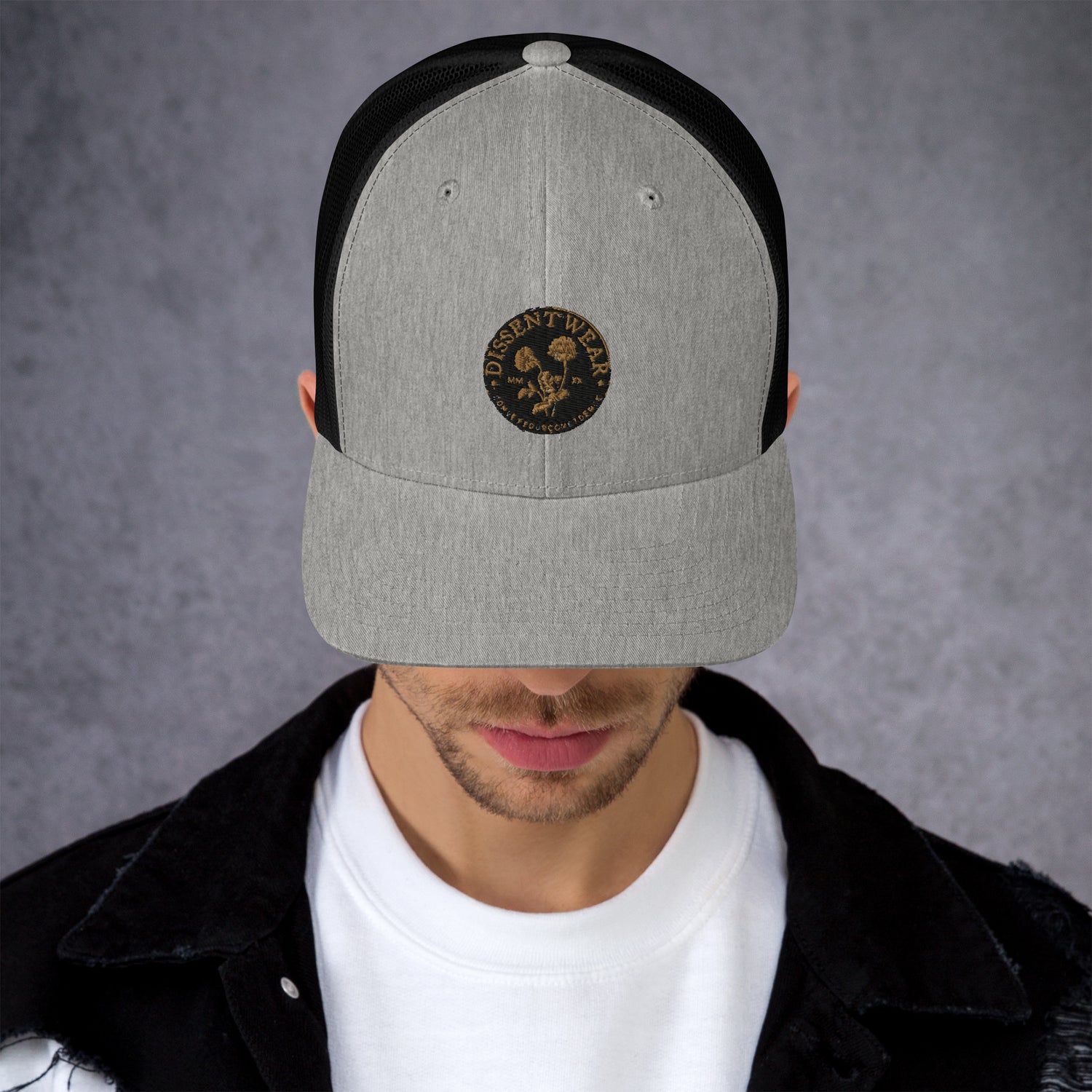 Black and Gold Embroidered Flower Logo Trucker Cap