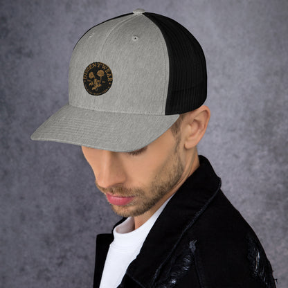 Black and Gold Embroidered Flower Logo Trucker Cap