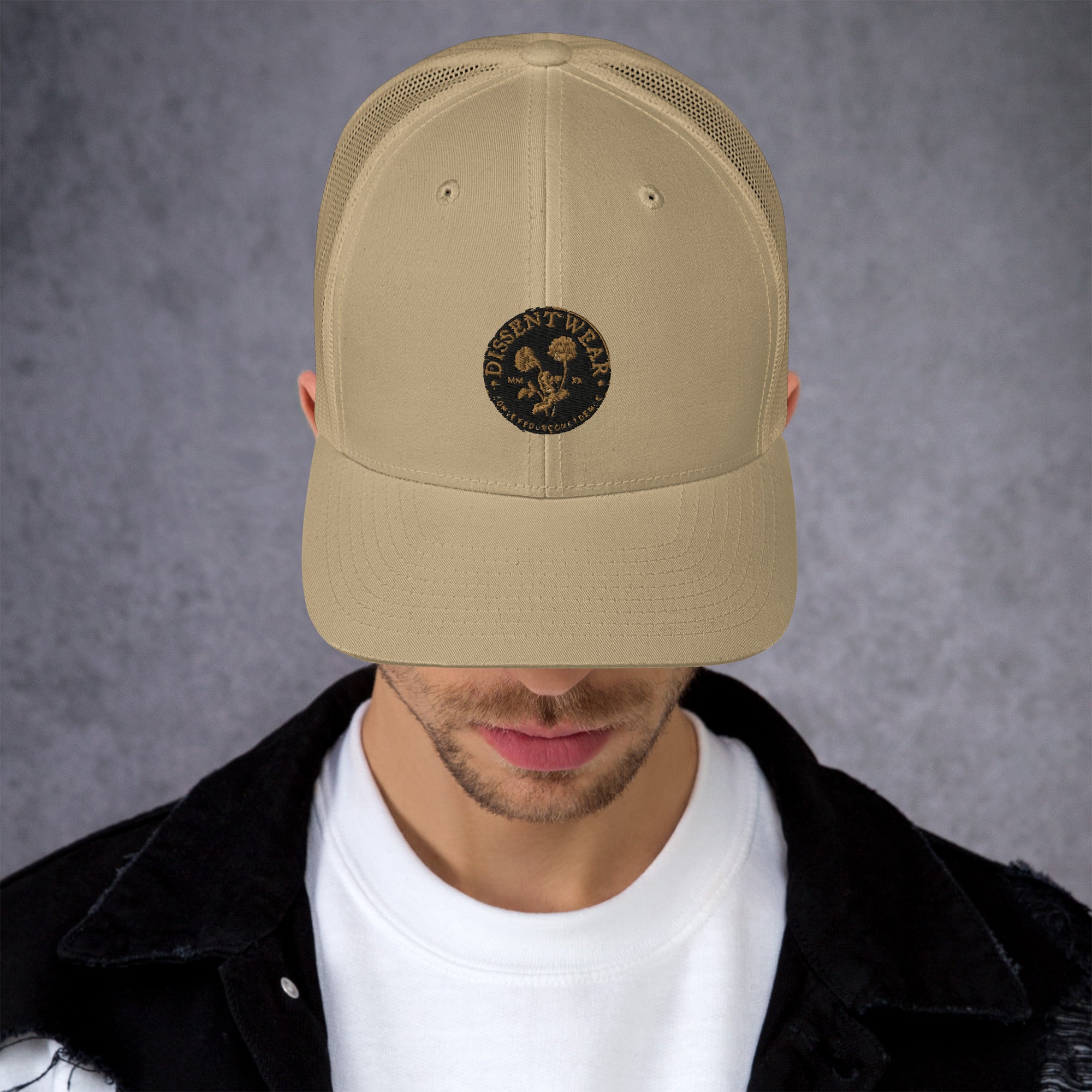 Black and Gold Embroidered Flower Logo Trucker Cap