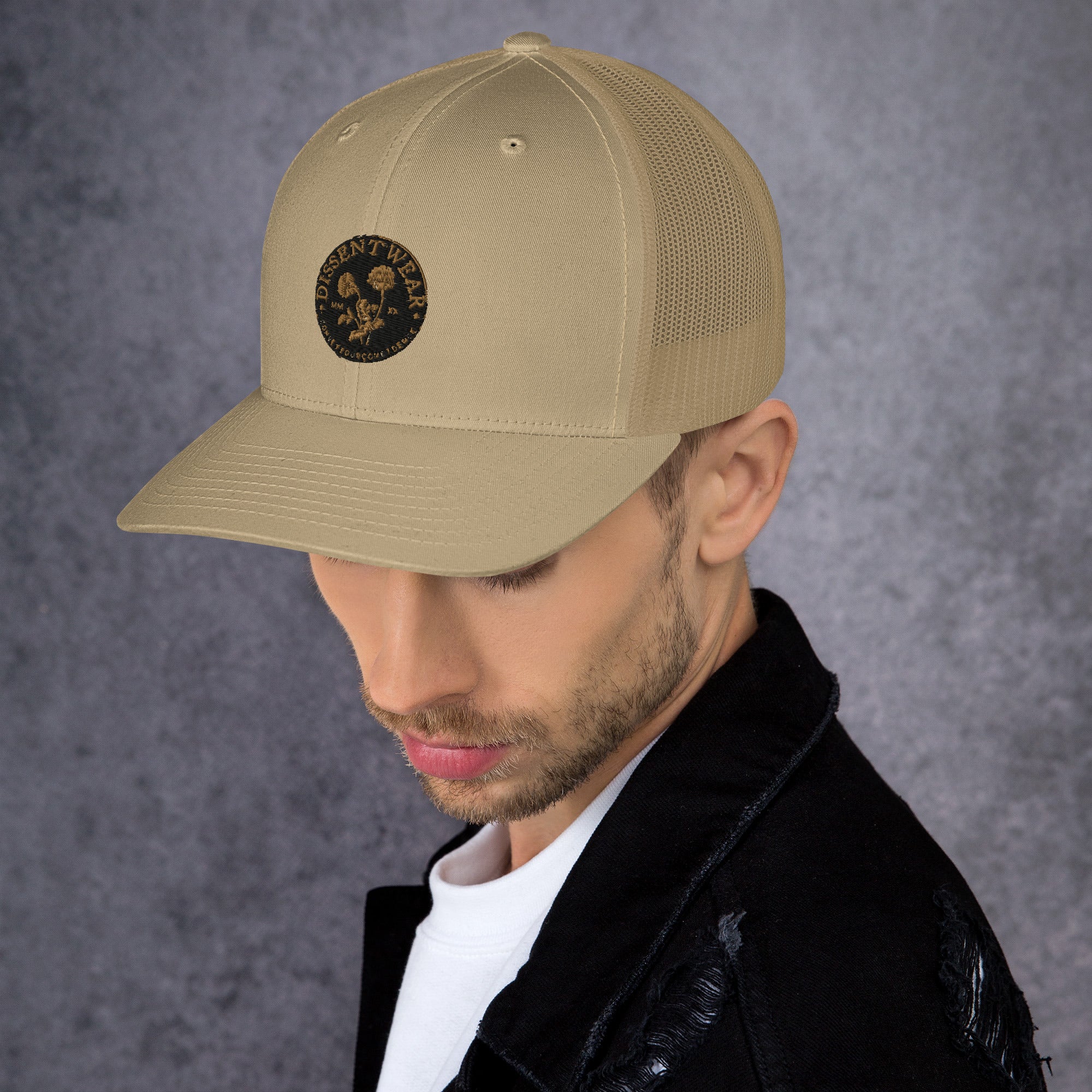 Black and Gold Embroidered Flower Logo Trucker Cap