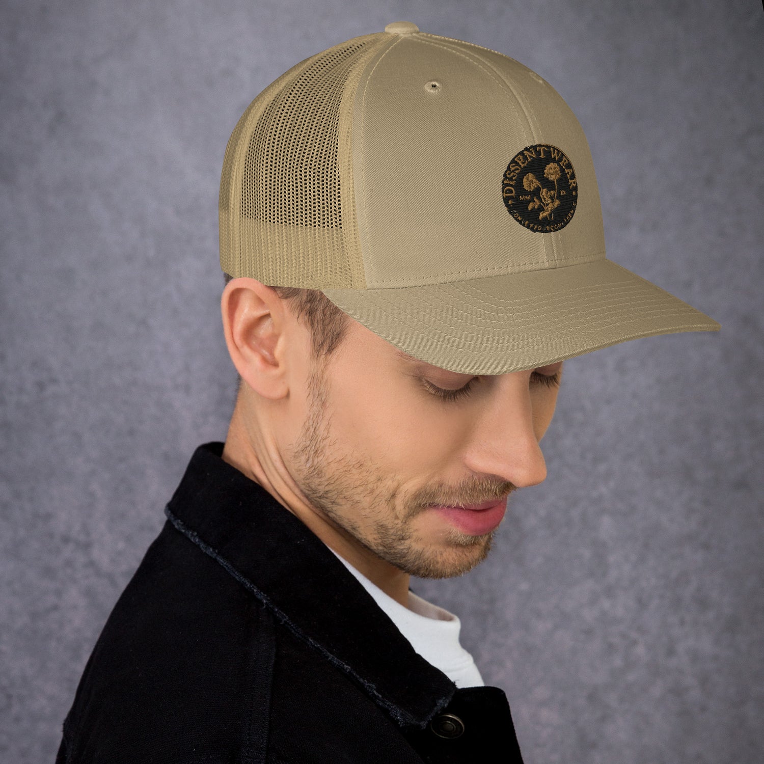 Black and Gold Embroidered Flower Logo Trucker Cap