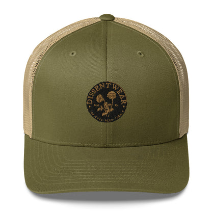 Black and Gold Embroidered Flower Logo Trucker Cap