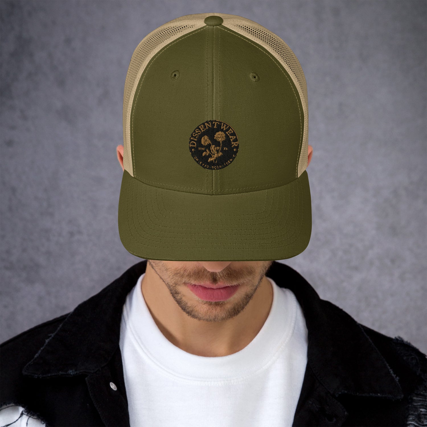 Black and Gold Embroidered Flower Logo Trucker Cap