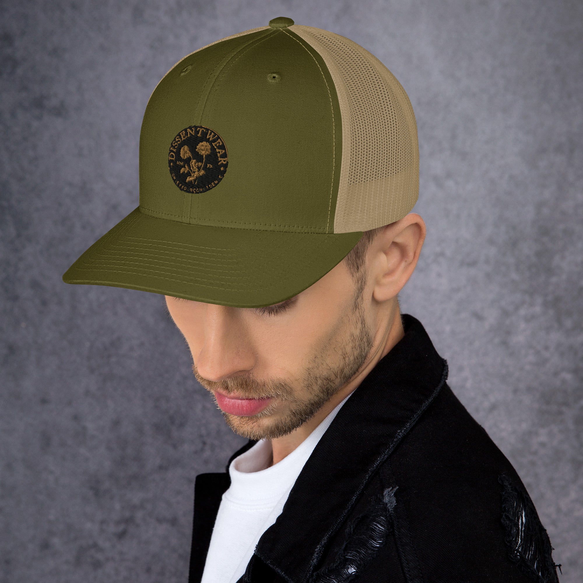 Black and Gold Embroidered Flower Logo Trucker Cap