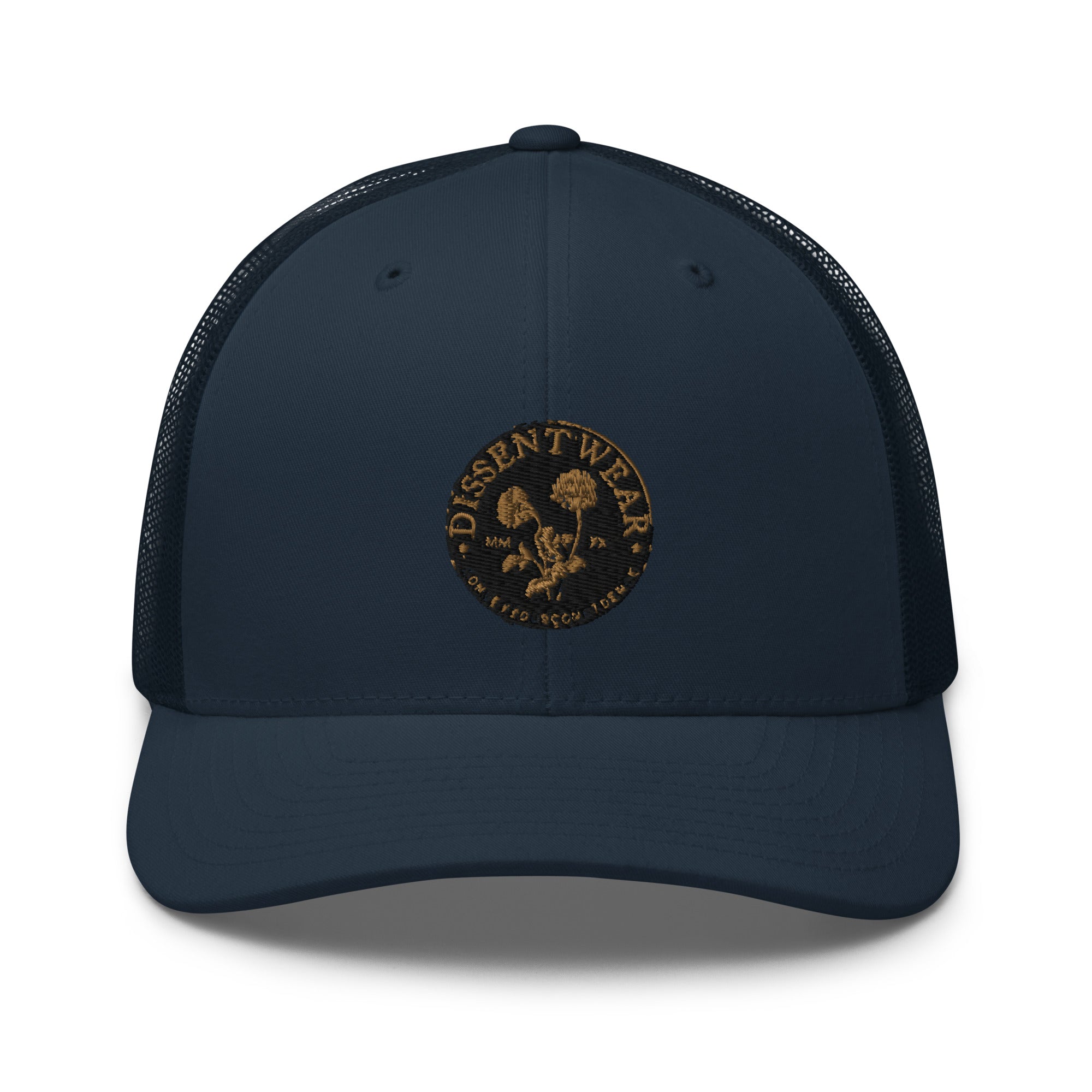 Black and Gold Embroidered Flower Logo Trucker Cap