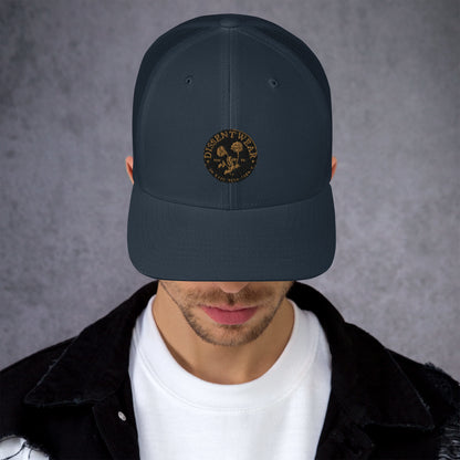 Black and Gold Embroidered Flower Logo Trucker Cap