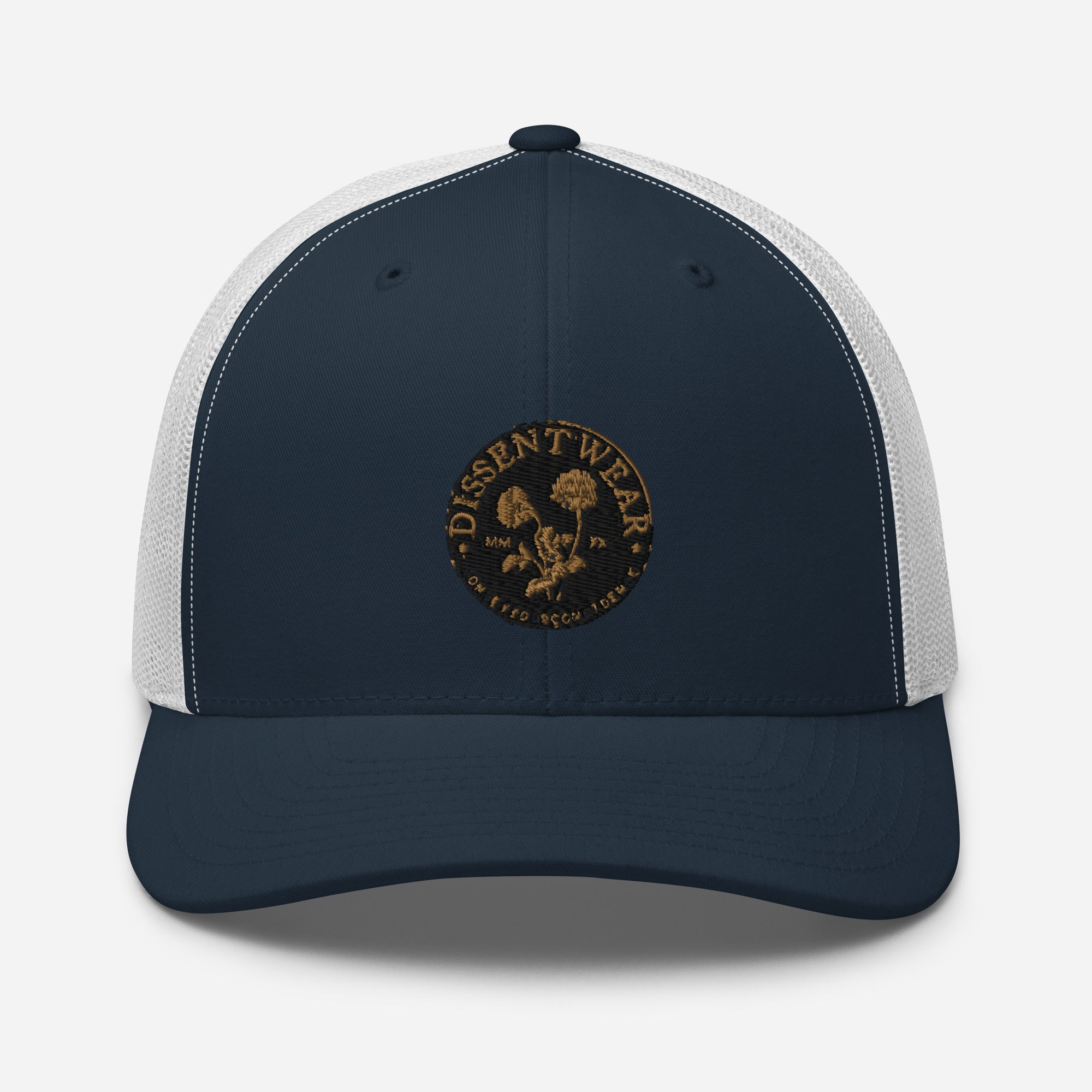 Black and Gold Embroidered Flower Logo Trucker Cap