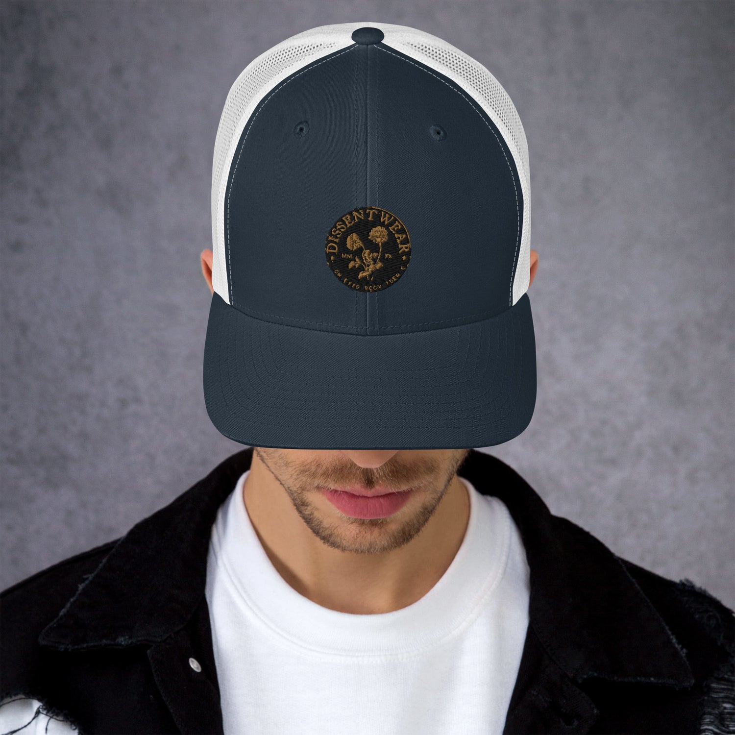 Black and Gold Embroidered Flower Logo Trucker Cap