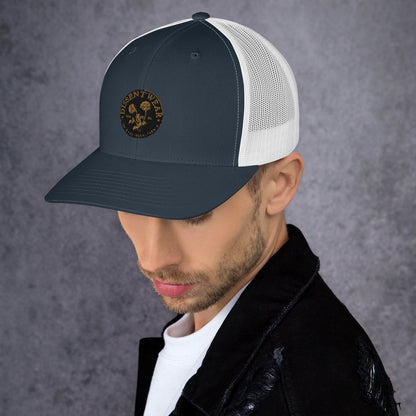 Black and Gold Embroidered Flower Logo Trucker Cap