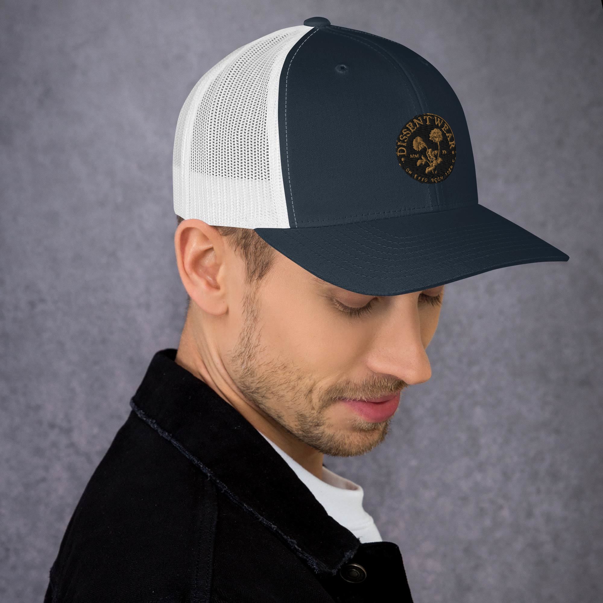 Black and Gold Embroidered Flower Logo Trucker Cap