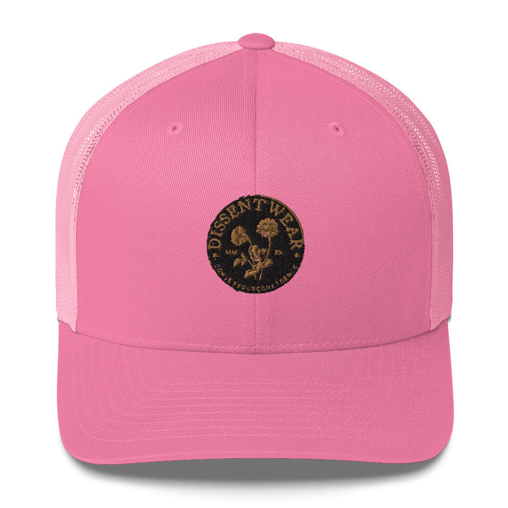 Black and Gold Embroidered Flower Logo Trucker Cap