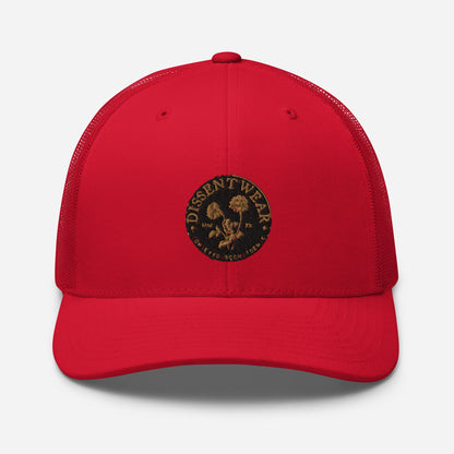 Black and Gold Embroidered Flower Logo Trucker Cap