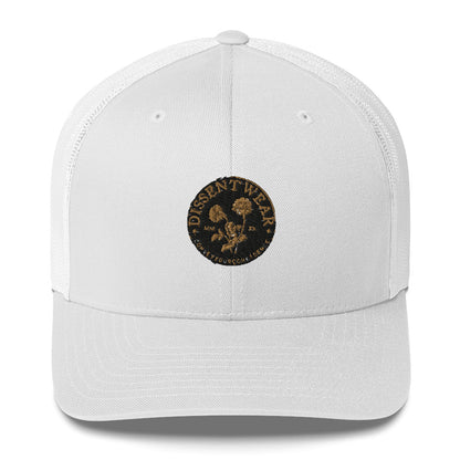 Black and Gold Embroidered Flower Logo Trucker Cap