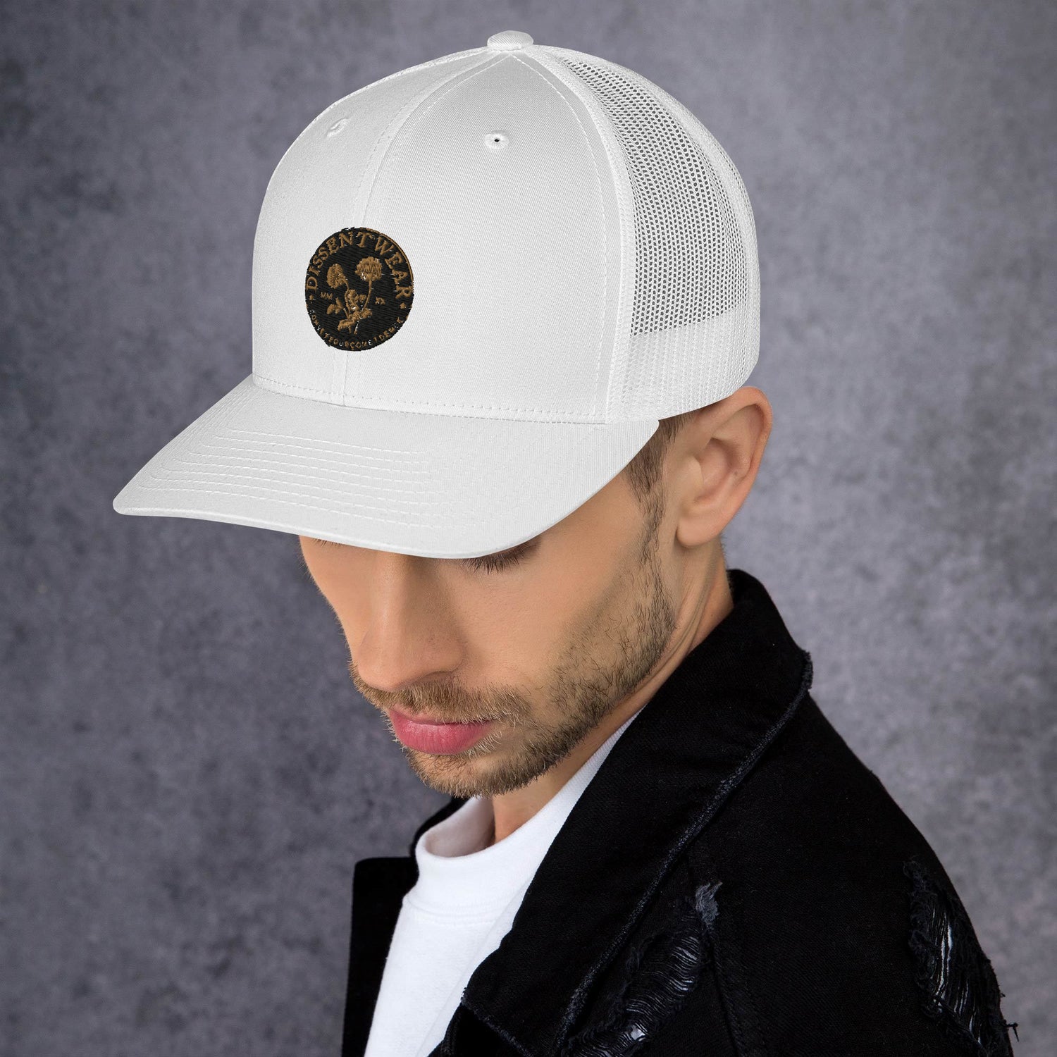 Black and Gold Embroidered Flower Logo Trucker Cap