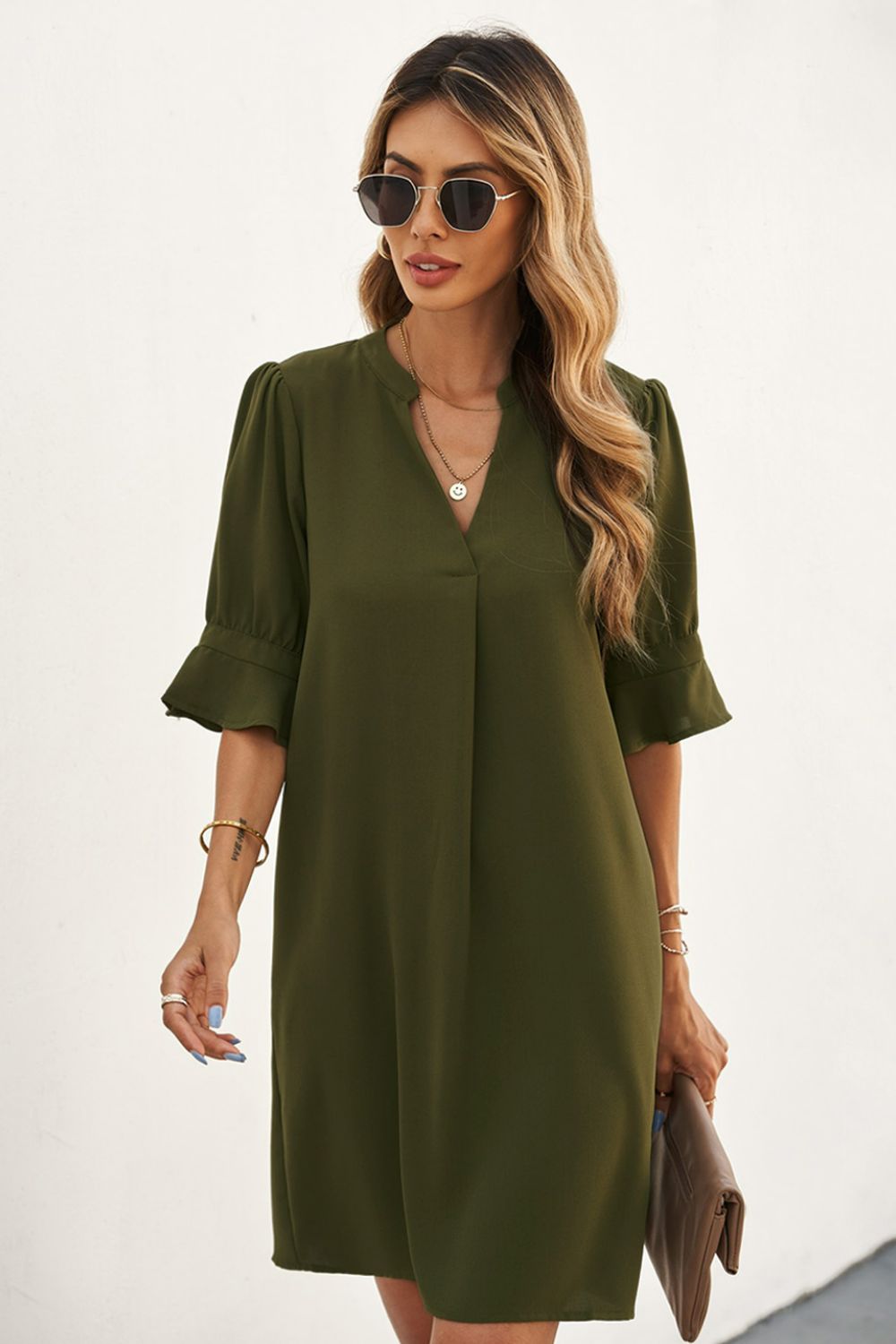 Puff Sleeve Notched Mini Shift Dress Women’s Trendy Fall Fashion - Multiple color options