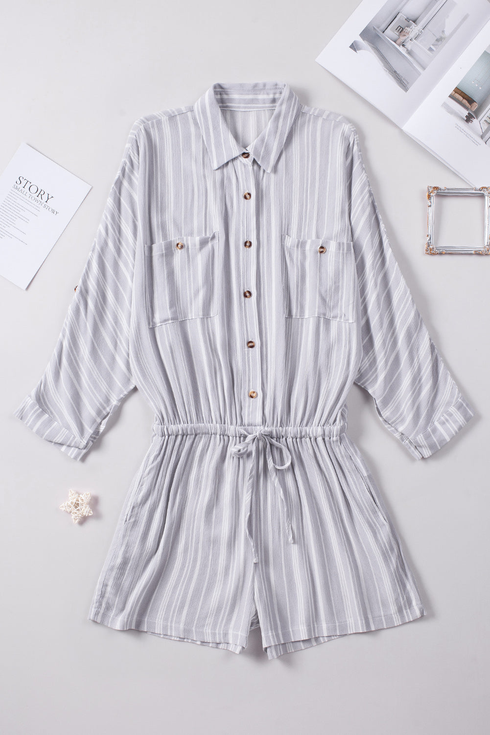 Striped Button Front Drawstring Waist Romper