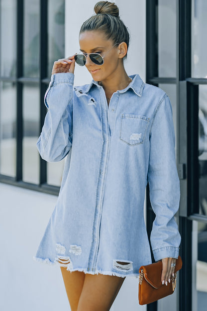 Distressed Snap Down Denim Jacket Multiple Color Options