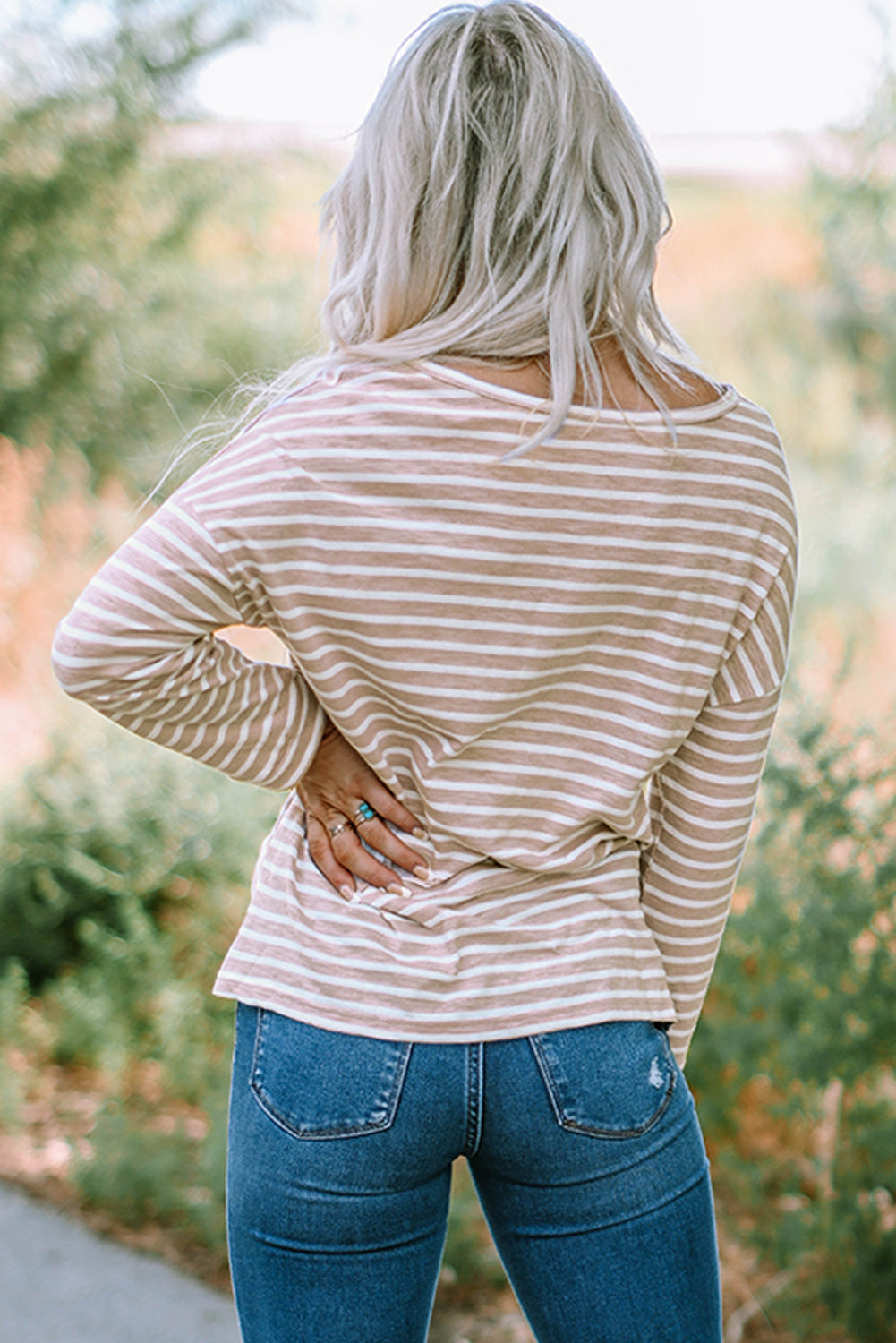 Striped Boat Neck Drop Shoulder Top