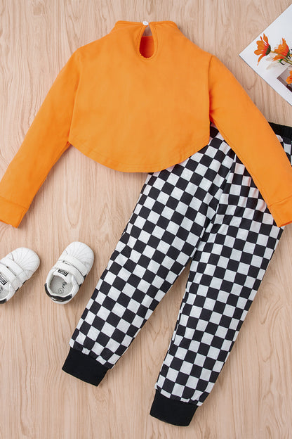 Girls Crop Top and Tank Top and Checkered Pants Three Piece Set