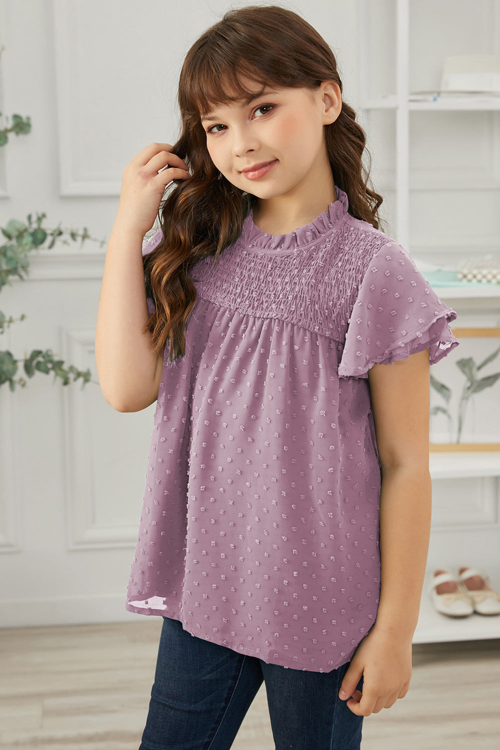 Girls Swiss Dot Smocked Flutter Sleeve Blouse