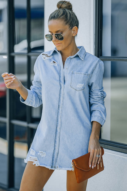 Distressed Snap Down Denim Jacket Multiple Color Options