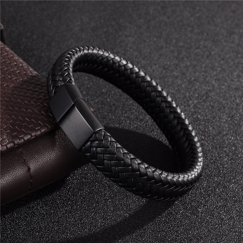 MENS FASHION BLACK/BROWN BRAIDED LEATHER BRACELET STAINLESS STEEL MAGNETIC CLASP FASHION BANGLES