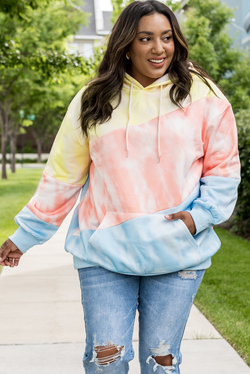 Plus Size Tie-Dye and Color Block Drawstring Detail Hoodies. (3different patterns)