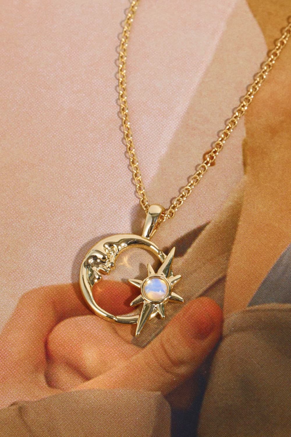 Copper 14K Gold Pleated Moon &amp; Star Shape Pendant Necklace
