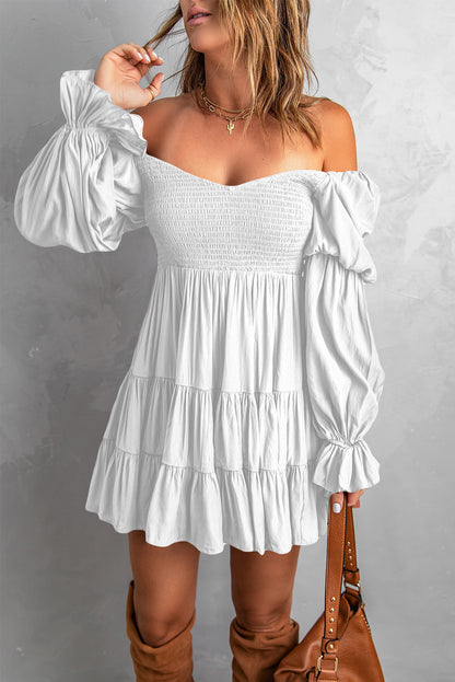 Smocked Off-Shoulder Tiered Mini Dress - multiple color options