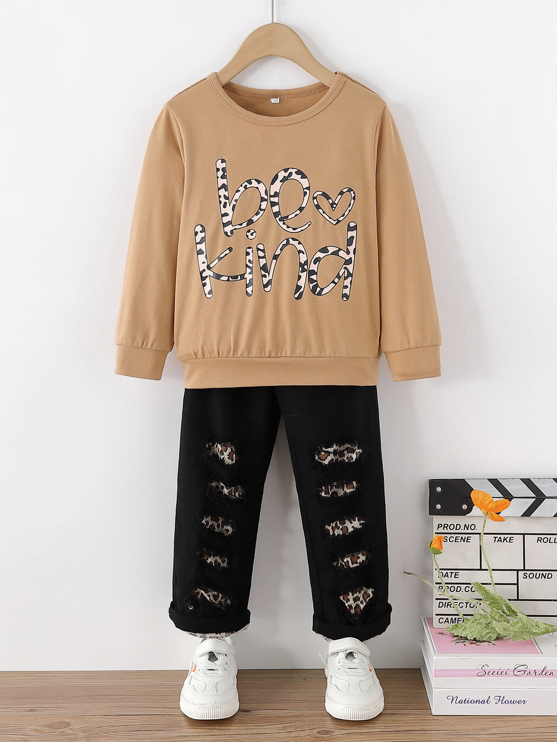 Girls BE KIND Graphic Tee and Leopard Lined Jeans Set