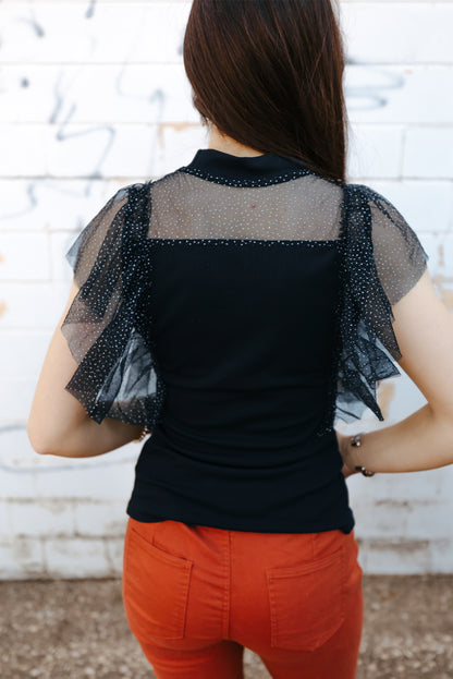 Glitter Spliced Mesh Mock Neck Top