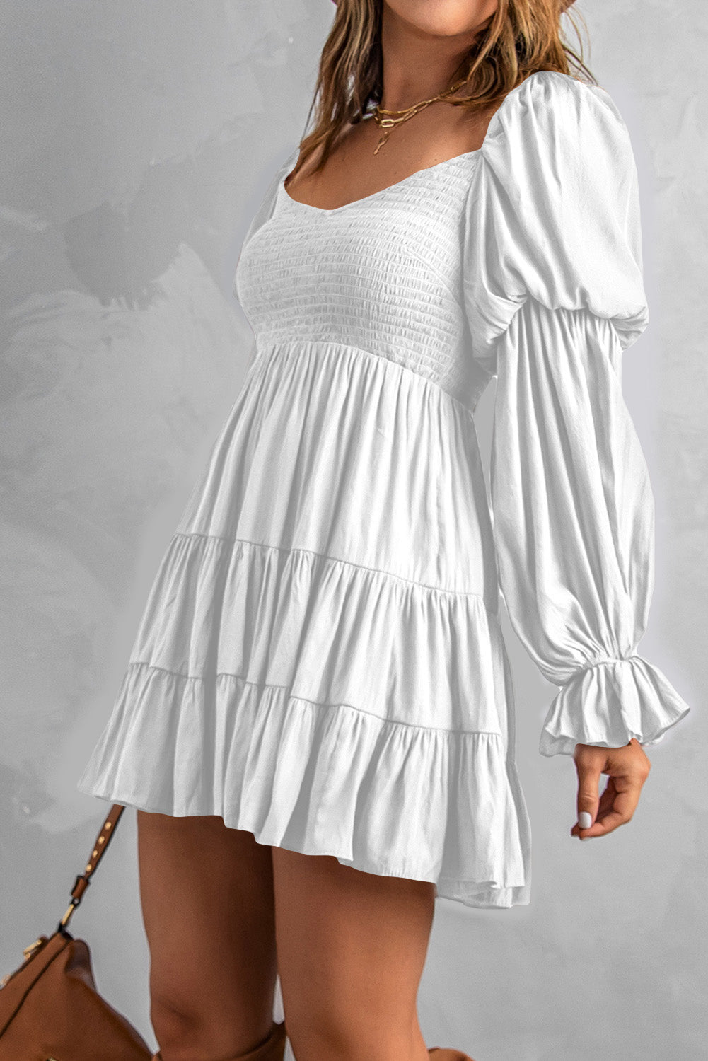 Smocked Off-Shoulder Tiered Mini Dress - multiple color options