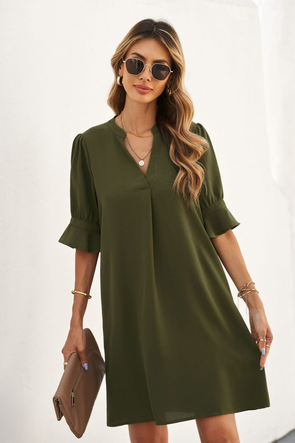 Puff Sleeve Notched Mini Shift Dress Women’s Trendy Fall Fashion - Multiple color options