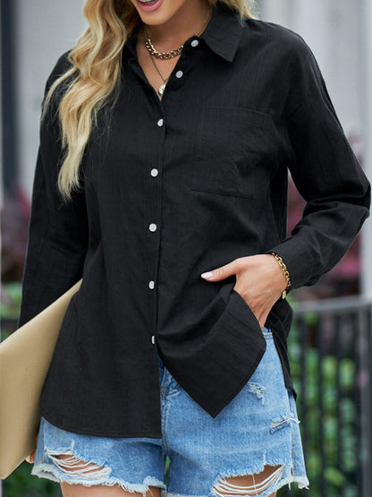 Textured Side Slit Long Sleeve Shirt-- multiple color options