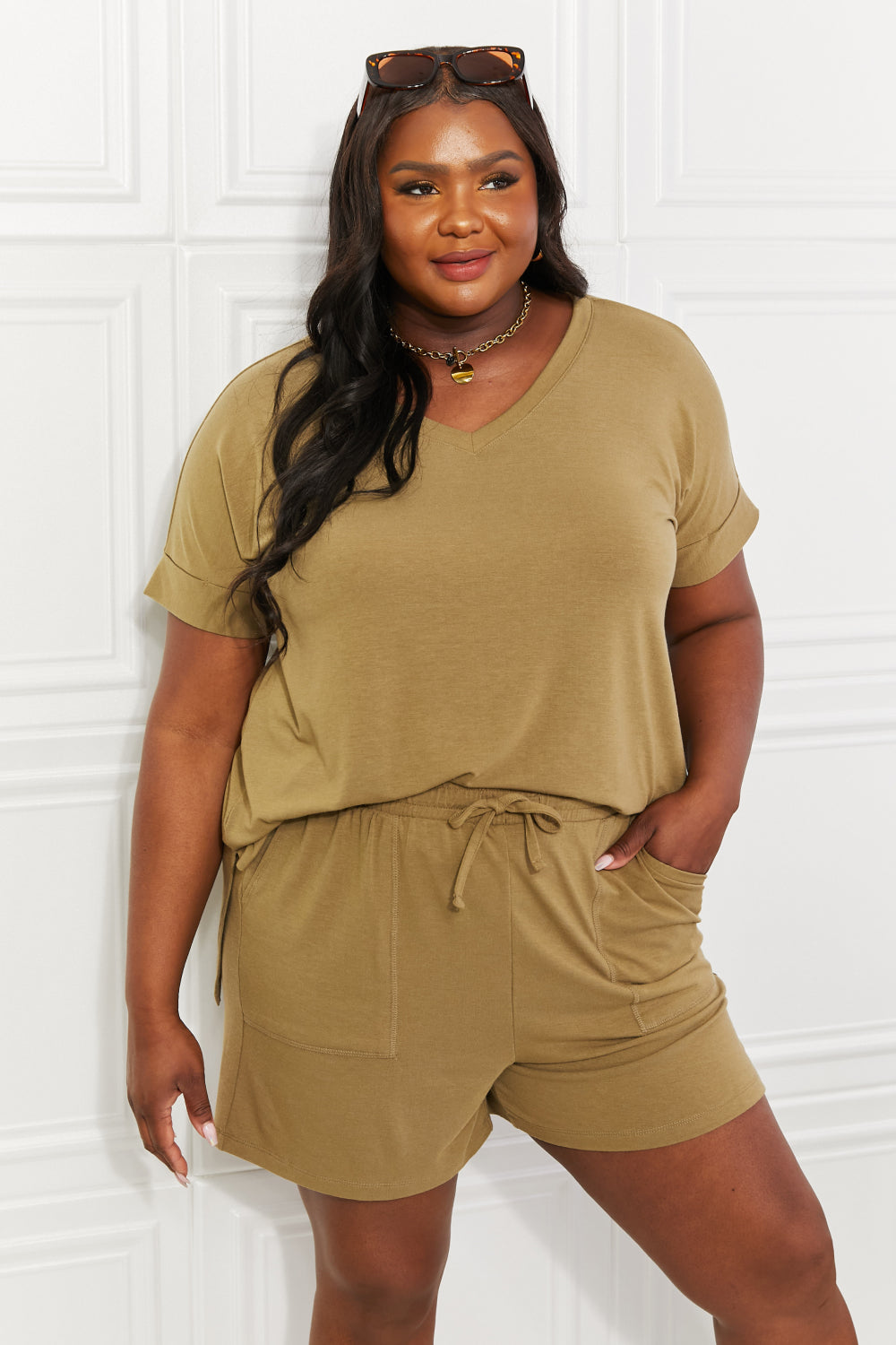 Zenana Full Size Morning Coffee V-Neck Top &amp; Shorts Lounge Set
