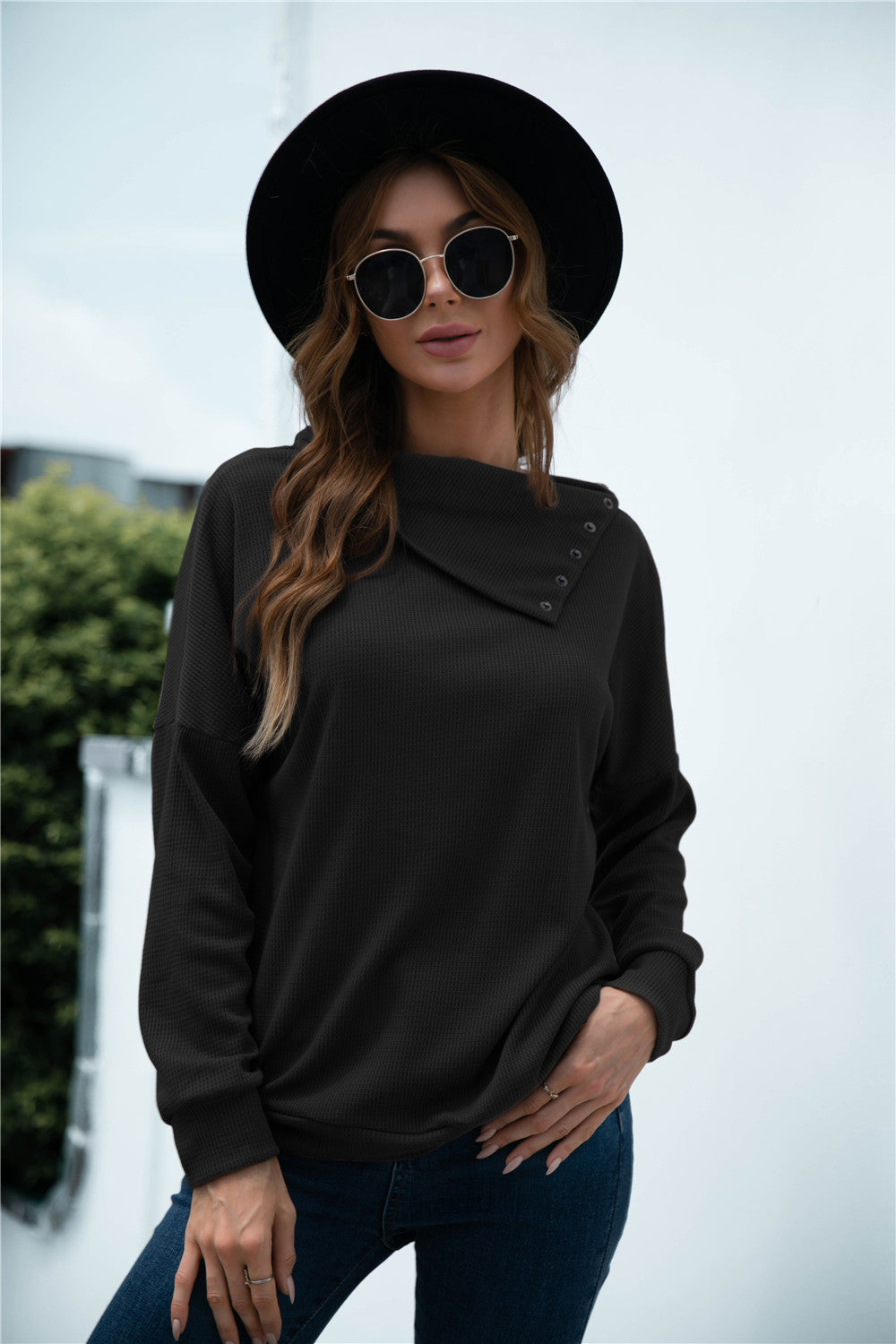 Button Collar Drop Shoulder Knitted Top