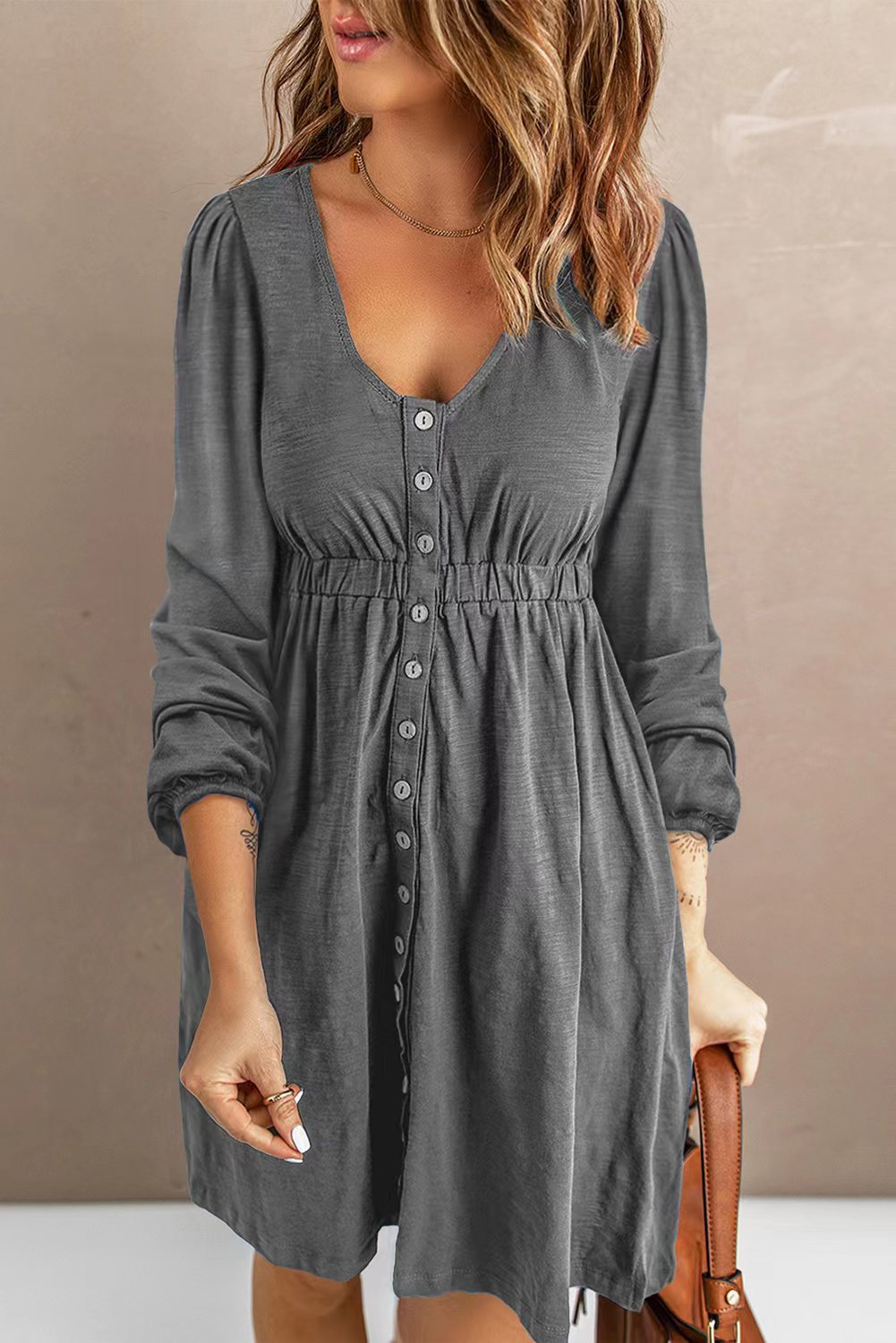 Scoop Neck Empire Waist Long Sleeve Mini Dress