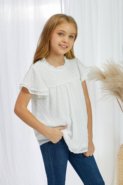 Girls Swiss Dot Smocked Flutter Sleeve Blouse