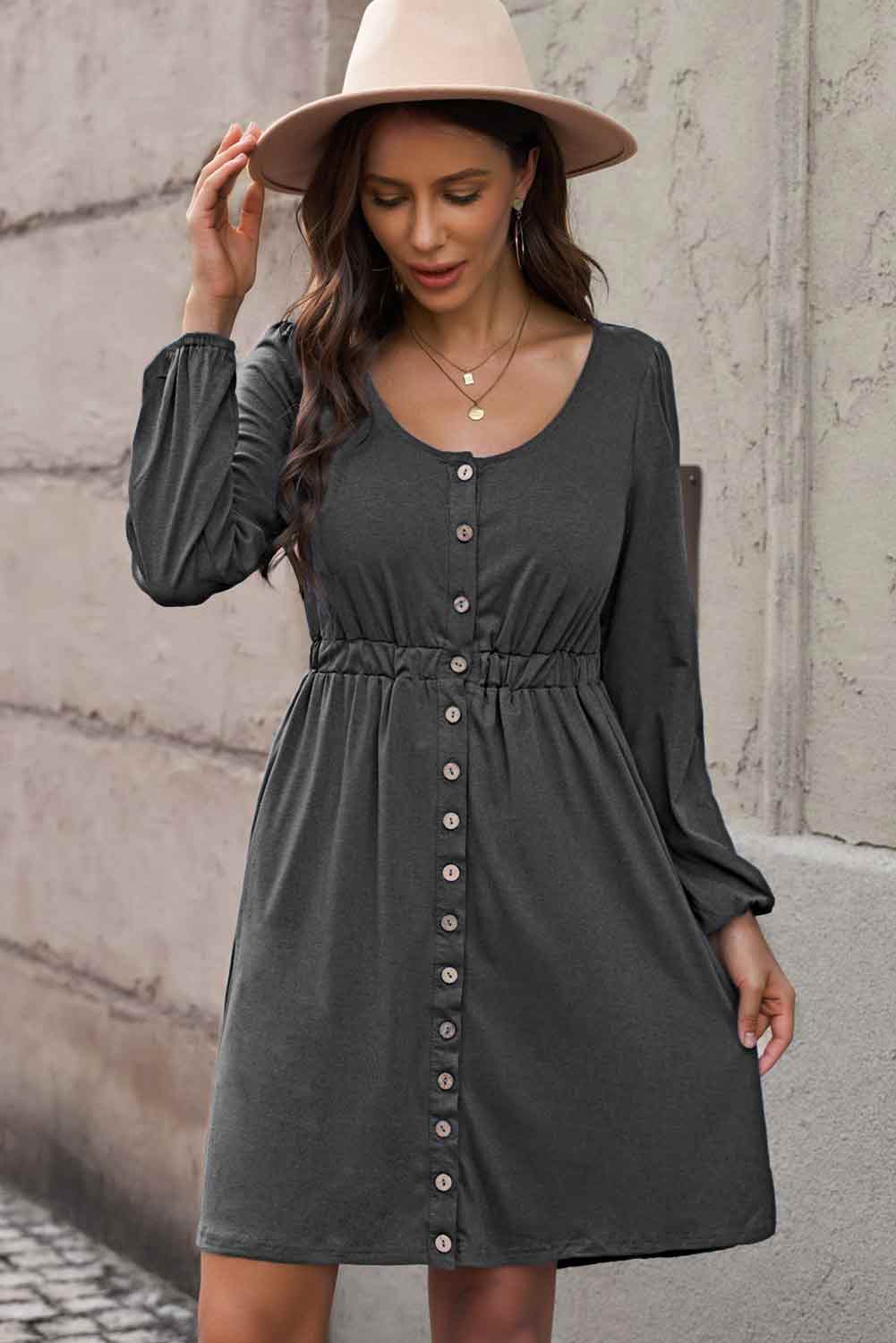 Scoop Neck Empire Waist Long Sleeve Mini Dress