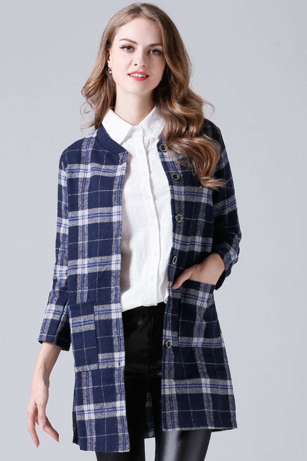 Full Size Plaid Button Down Longline Jacket with Pockets