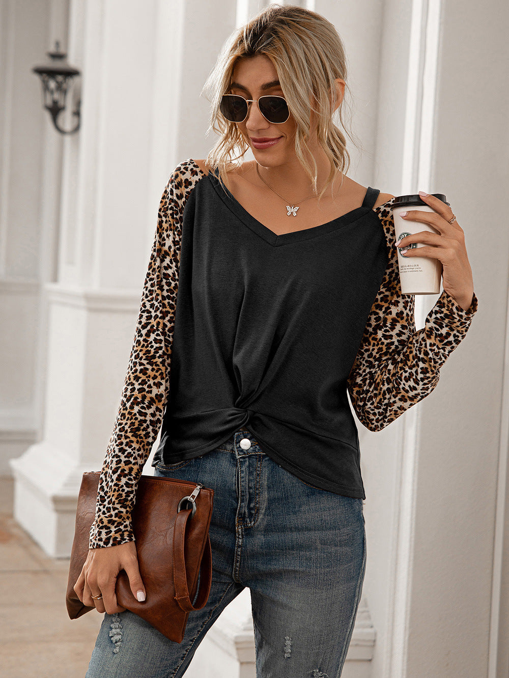 Leopard Twist Front Cold-Shoulder Tee