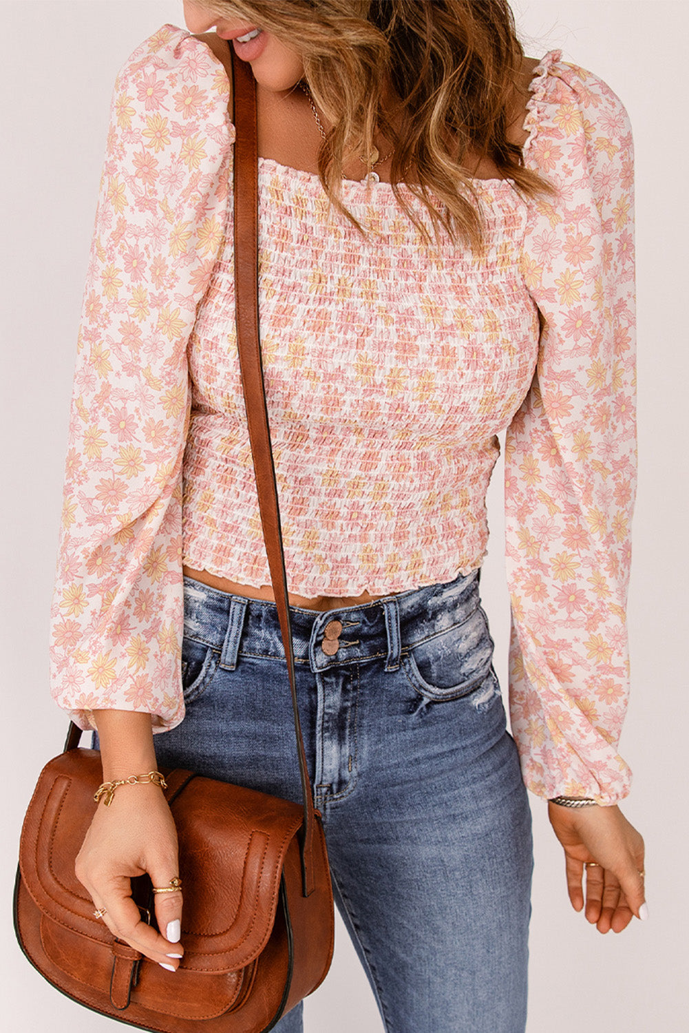 Floral Frill Trim Smocked Top