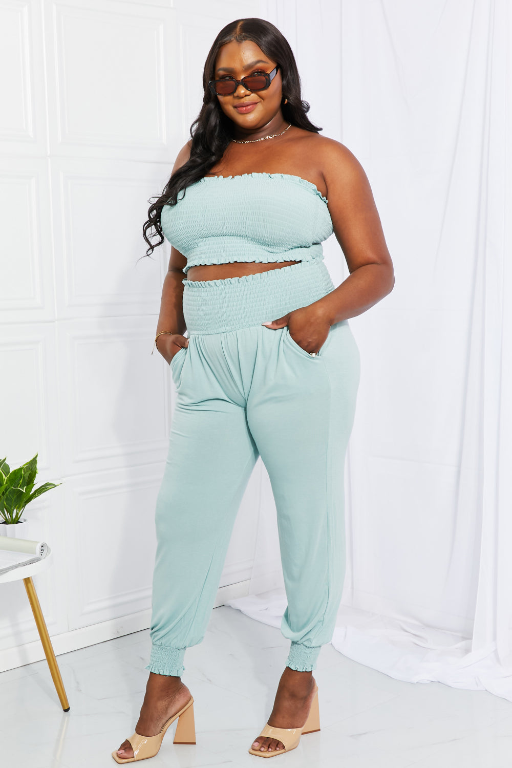 Zenana Full Size Stylish Comfort Smocked Tube Top &amp; Joggers Set