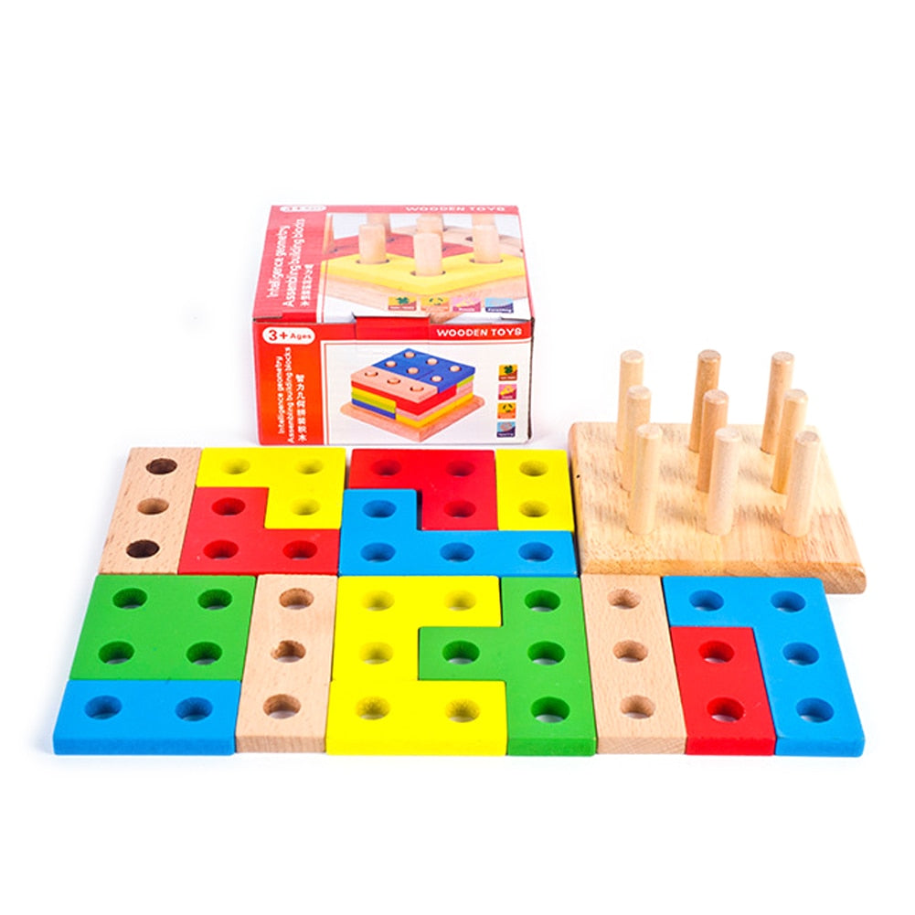 Wooden Montessori Building Blocks Column Shapes Stacking Toys Baby Preschool Educational Geometric Sorting Board Blocks