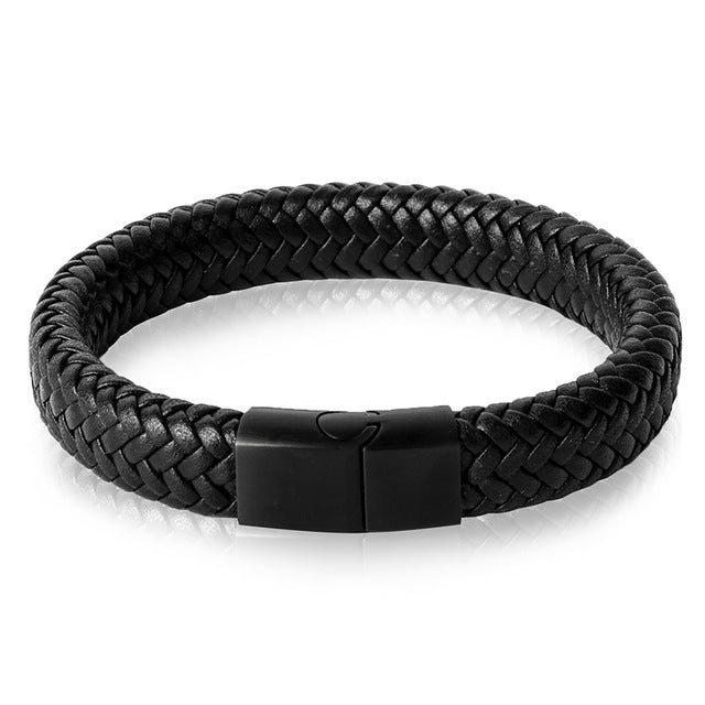 MENS FASHION BLACK/BROWN BRAIDED LEATHER BRACELET STAINLESS STEEL MAGNETIC CLASP FASHION BANGLES