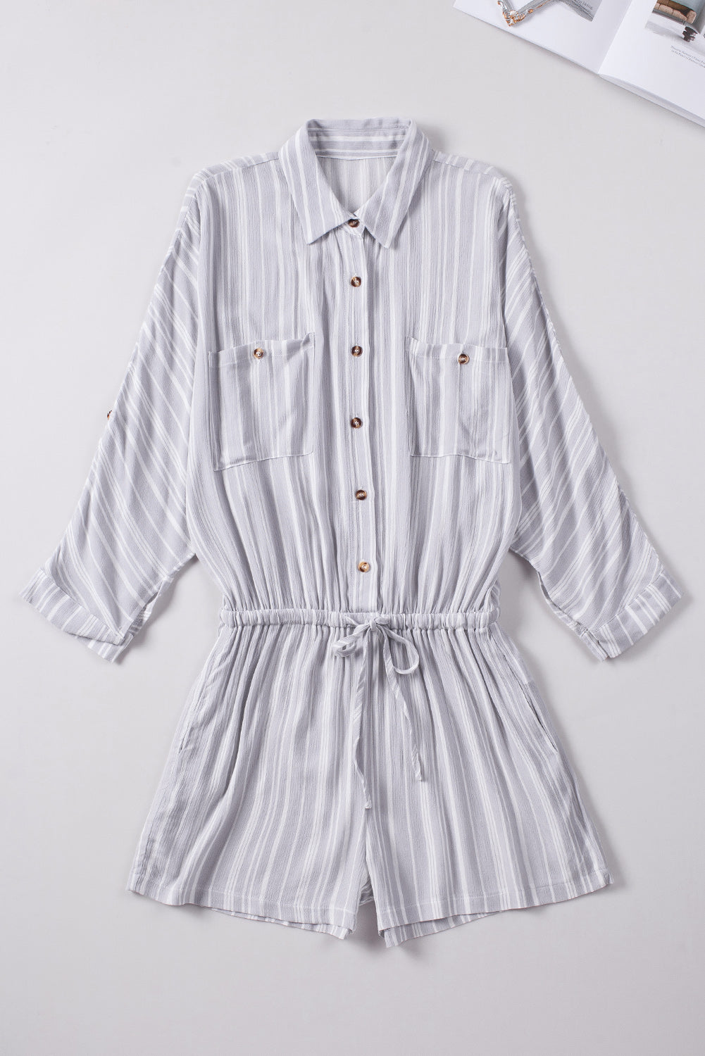 Striped Button Front Drawstring Waist Romper